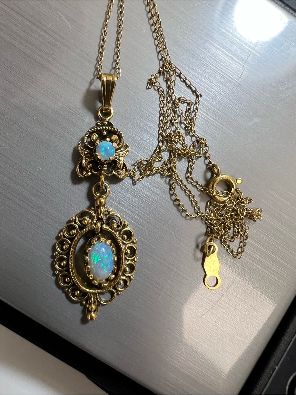 Antique 14K yellow gold with opals pendant necklace - Picture 2 of 15
